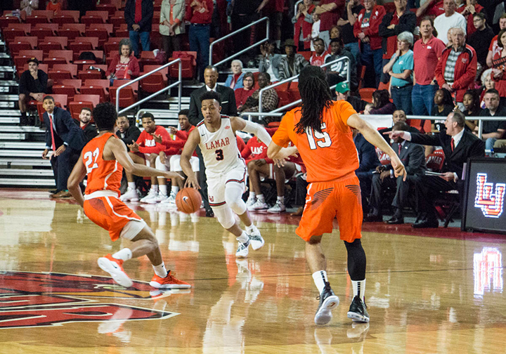 Junior forward, Christian Barrett, prepares to score during a matchup against Sam Houston State, Saturday in the Montagne Center. The men’s team ended SHSU’s undefeated season. UP photo by Cade Smith
