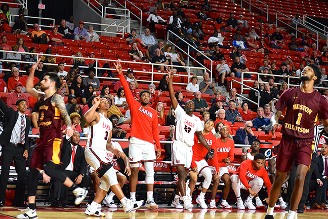 UP photo by Abigail Pennington. Showcasing the Lamar Basketball team raising their "L's" in victory against Huston-Tillotson University, November, 6, 2018
