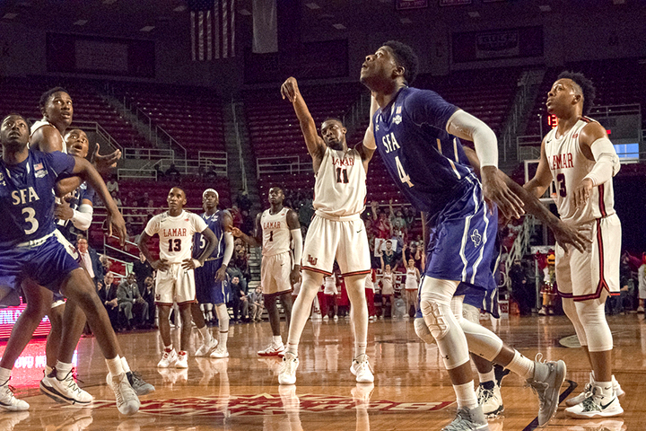 Senior Josh Nzeakor shoots a free throw during Lamar’s 81-79 victory against Stephen F. Austin State University, Saturday, in the Montagne Center. UP photo by Lakota Johnson