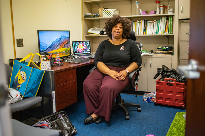 Jessica Martin explains the importance of diversity in counseling in her office located in the Education Building, Tuesday.  UP photo by Noah Dawlearn