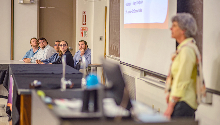 Rebecca Forrest speaks to students during the physics honor society, Sigma Pi Sigma, induction ceremony, Feb. 28, in 108 Archer. UP photo by Noah Dawlearn