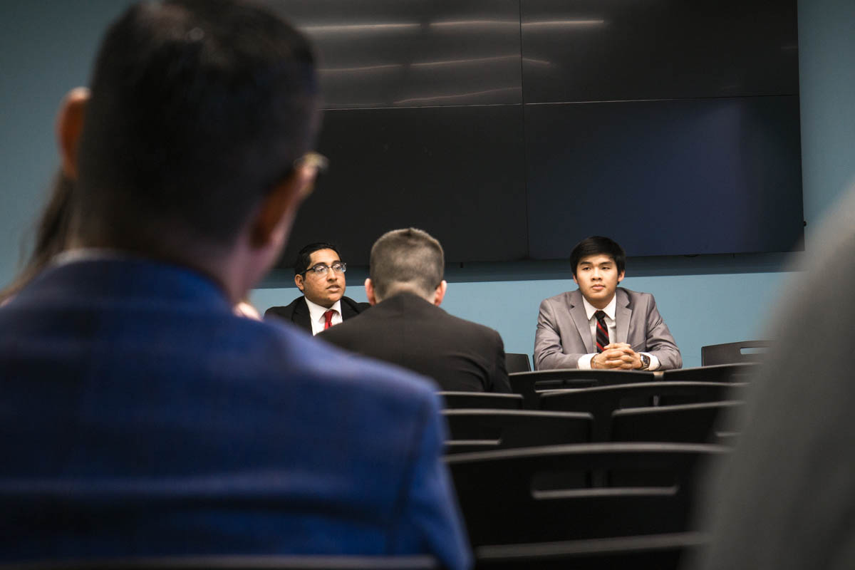Cesar Delgado (left) and Edward Doan (right) speaking at the Student Government Association debate in Lamar University’s Setzer Center, Mar 22. UP photo by Lakota Jatos