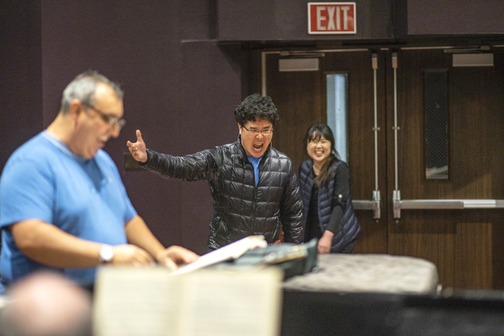 Jason Choi, left, and Summin Cha, right, practice for their upcoming opera show, “La Traviata” in the Rothwell Recital Hall, Thursday. UP photo by Noah Dawlearn