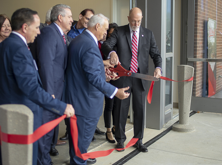 President Evans along with other faculty and sponsors cut the ribbon on the new Science and Tech Building, Wednesday. UP photo by Noah Dawlearn