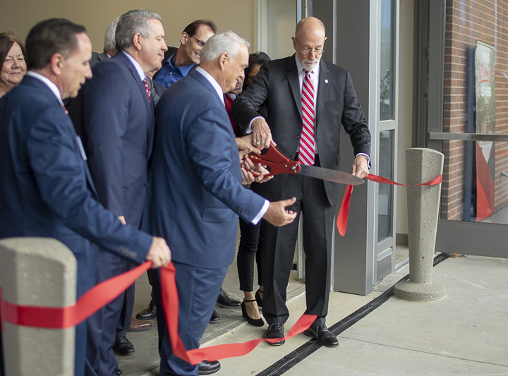President Evans along with other faculty and sponsors cut the ribbon on the new Science and Tech Building, Wednesday. UP photo by Noah Dawlearn