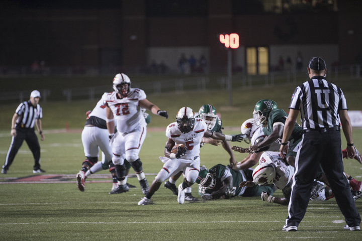 LU running back, Myles Wanza runs towards the endzone in the overtime ,23-20 win against the Mississippi Valley State Delta Devils at Provost Umphrey Stadium, Sep. 7. UP photo by Noah Dawlearn