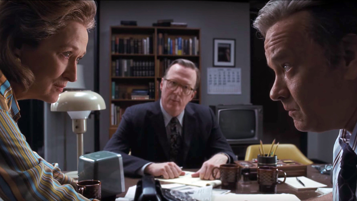 Meryl Streep, left, Tracey Letts and Tom Hanks in a publicity still from "The Post"