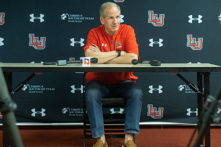 LU head football coach Mike Schultz answers questions during a press conference held at the Dauphin Athletic Complex, Monday. UP photo by Cade Smith