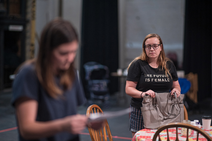 Emily Buesing, left, and Caitlin Grammar rehearse a scene from “Luna Gale” in the University Theatre, Sept. 25. UP photos by Noah Dawlearn