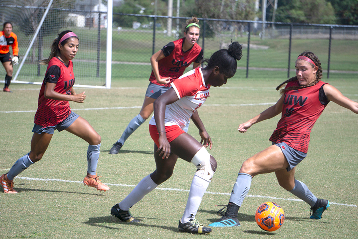 LU’s Esther Okoronkwo dribbles the ball during Sunday’s 3-2 edge of the University of the Incarnate Word at the LU Soccer Complex. Okoronkwo was responsible for LU’s comeback in the second half. UP photo by Cade Smith