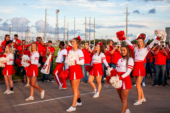LU's spirit squad cheer during the Homecoming Pep Rally and Bonfire, Sept. 27. UP photo by Delicia Rocha