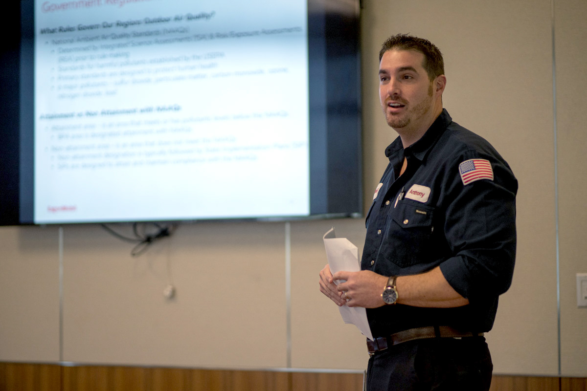 Anthony Borgobello, ExxonMobil environmental supervisor, gives a presentation on ExxonMobil’s environmental protection programs to Lamar University students, Nov. 7, at the ExxonMobil Beaumont complex