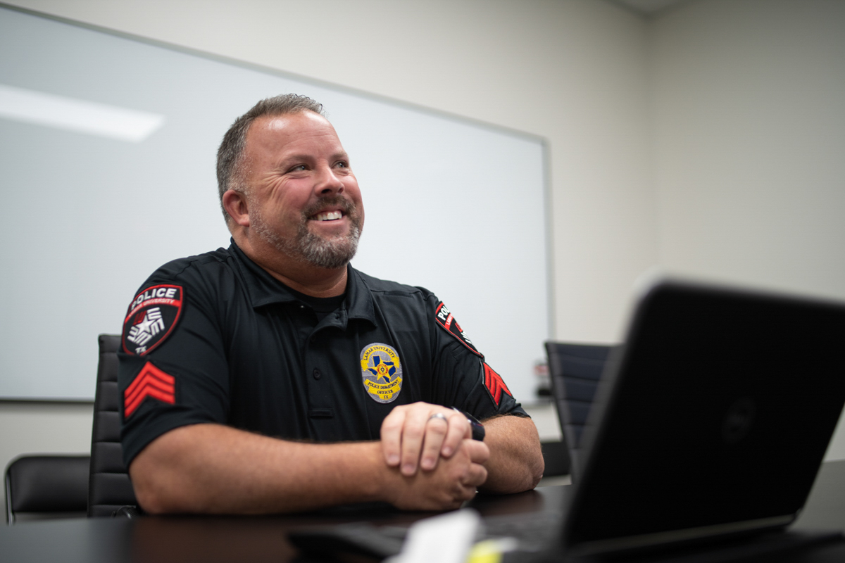 Sergeant Jarrod Samford introduces features of the new LU police station. UP photo by Noah Dawlearn