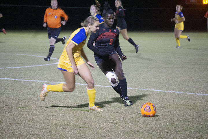 LU’s Esther Okoronkwo dribbles the ball during Friday’s 3-0 rout of SLC rival McNeese State at the LU Soccer Complex. UP photo by Cade Smith