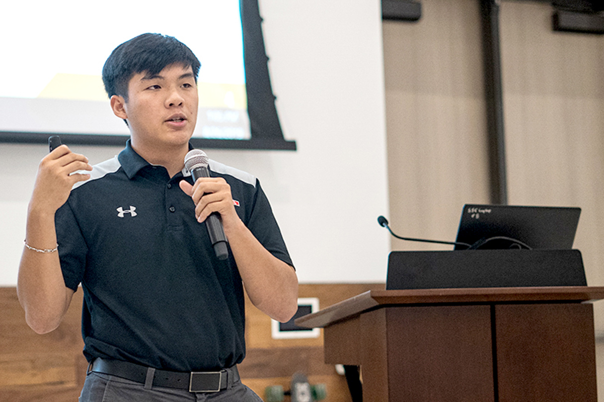 Student Government Association president Edward Doan, above, explains SGA’s proposed initiatives for more campus inclusivity during an open table discussion in the Live Oak Ballroom in September. UP photo by Noah Dawlearn