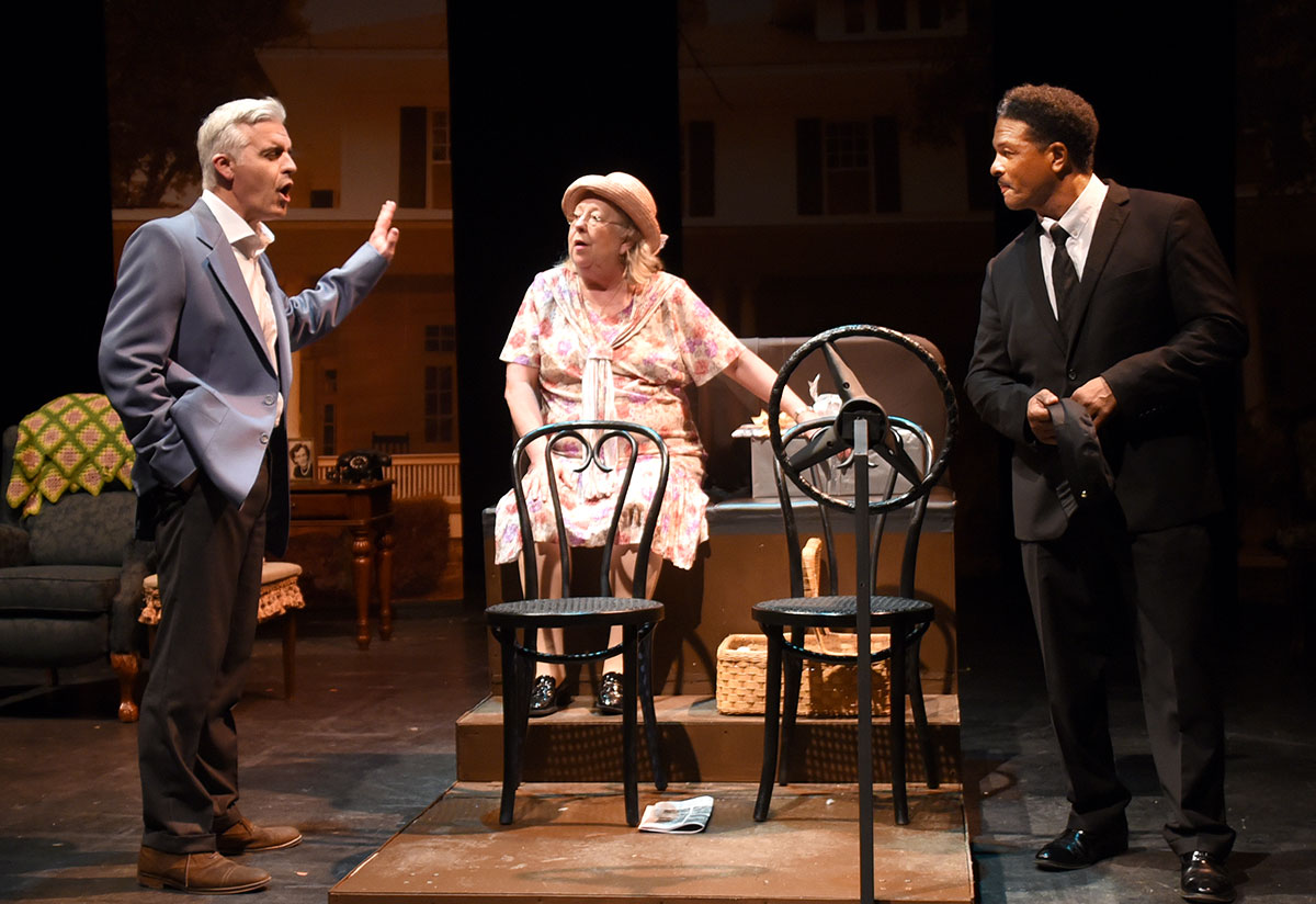 Russ Waddill as Boolie, Charlene Hudgins plays Daisy and  H. Clay Williams as Hoke Coleburn in BCP's "Driving Miss Daisy."