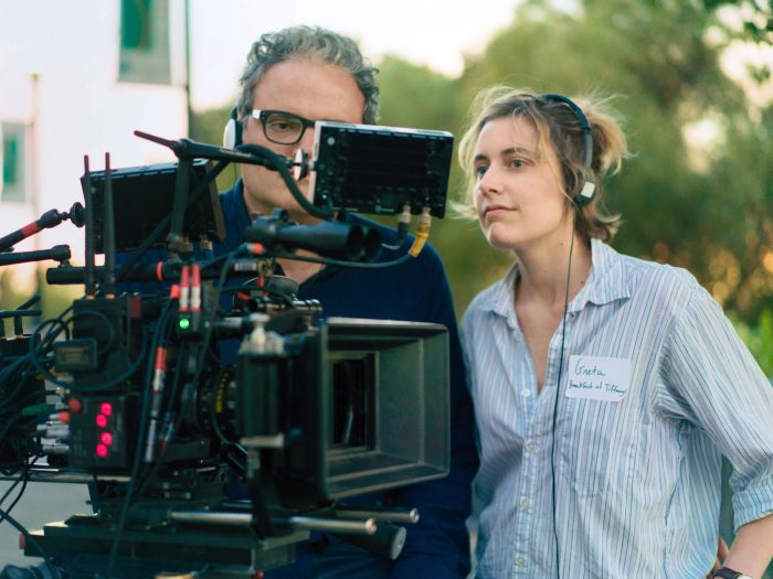 Greta Gerwig, right, on the set of "Little Women."