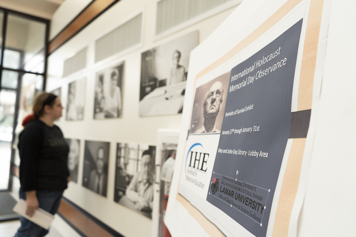 Lake Jackson junior, Grace Harmond, observes the International Holocaust Memorial Day Observance display in the Mary and John Gray Library on Jan. 27. The memorial is set to be on display from Jan 27th to the 31st. UP Photo by Delicia Rocha