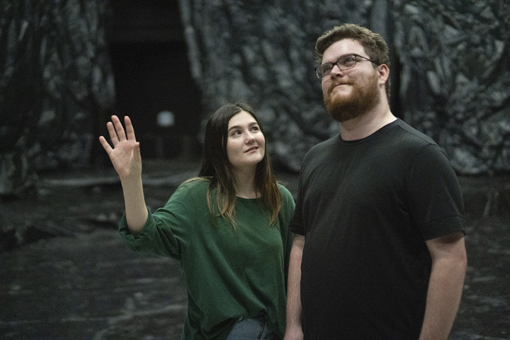 Emily Buesing, who plays Dionysus, and Joshua Rending, who plays Pentheus, rehearse a scene from “Bakkhai” in the Studio Theatre, Friday. UP photo by Noah Dawlearn