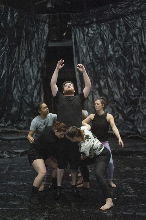 Students rehearse a scene from “Bakkhai,” in the Studio Theatre, Thursday. “Bakkhai” opens today and runs through Sunday. UP photo by Noah Dawlearn