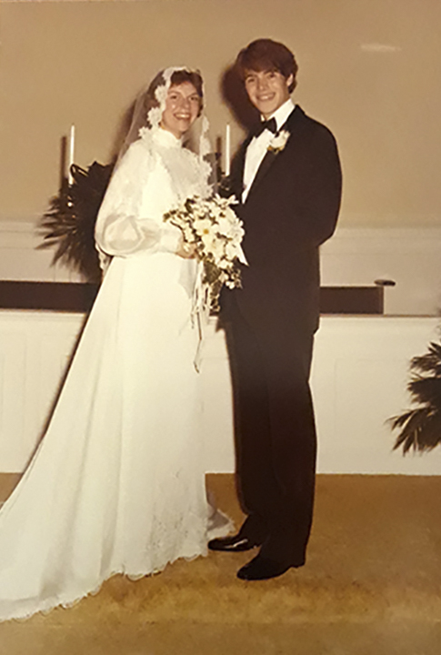 Ruth and O’Brien Stanley on their wedding day in 1981, above, and in the Comm Auditorium in 2020.