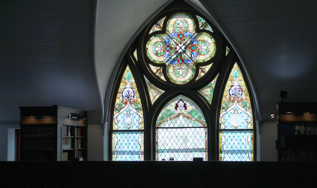 The stained glass windows in The Tyrrell Historical Library in downtown Beaumont were made by a now defunct Galveston glass company. UP photo by Saydie Stanley