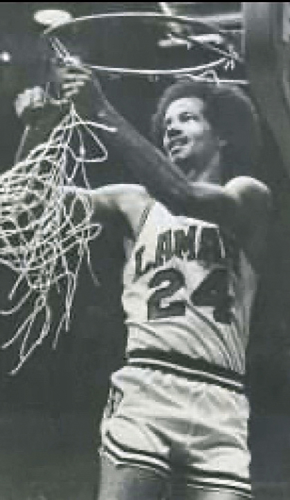 Norman Bellard cuts down the net after the Lamar Cardinals won the Southland Conference in 1979 to advance to the NCAA tournament. Photo courtesy of Norman Bellard