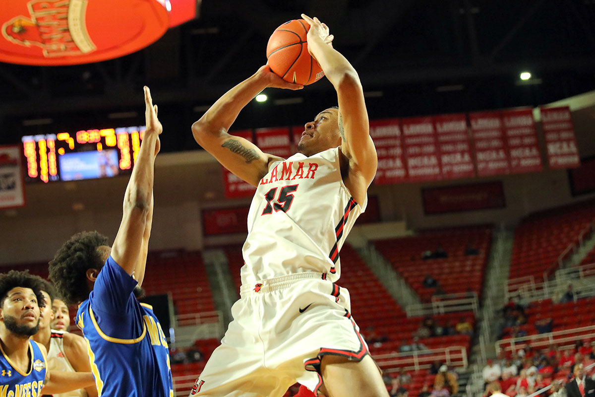 LU's T.J. Atwood puts up a shot during the March 7 Southland Conference match up with McNeese State in the Montagne Center.