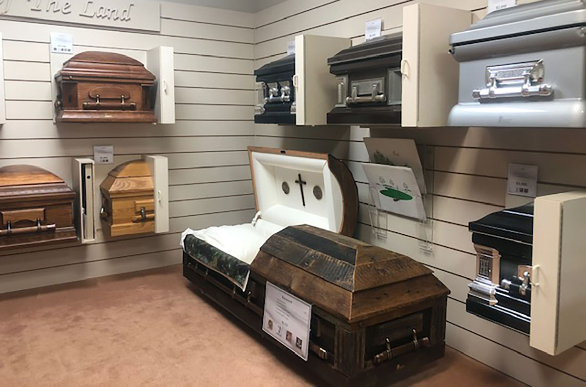 The casket room at Broussard's funeral home is available to view online only during the coronavirus pandemic.