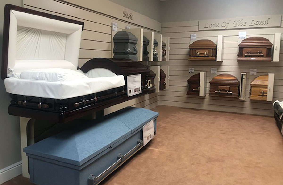 The casket room at Broussard's funeral home is available to view online only during the coronavirus pandemic.