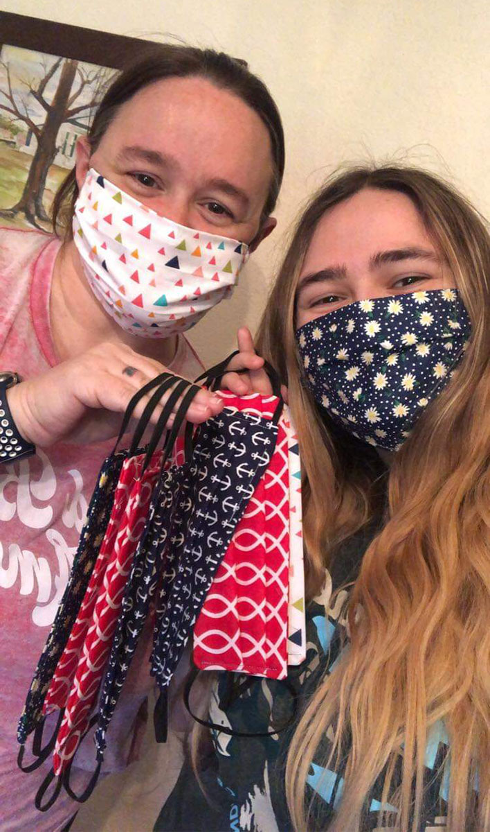 Lamar student Mary McNeely, right, and her mother, Kelly Fridelle, are sewing masks for health professionals.