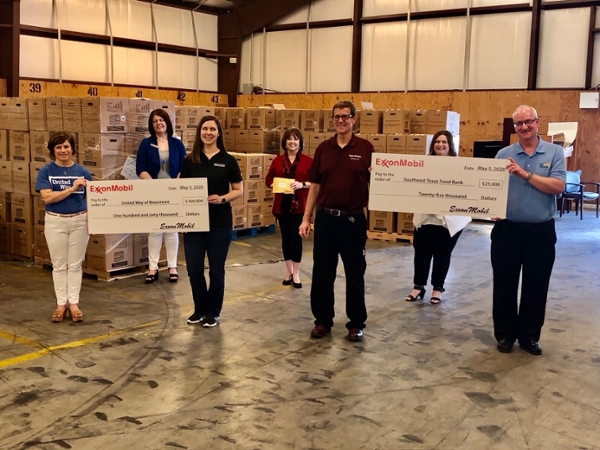 Representatives from ExxonMobil, the United Way of Beaumont and North Jefferson County, the Southeast Texas Food Bank, Lamar Institute of Technology, and Nutrition and Services for Seniors pose for a photo on Tuesday, May 5, 2020 at the Southeast Texas Food Bank. ExxonMobil announced a donation of $160,000 to the United Way and $25,000 to the Southeast Texas Food Bank in support of COVID-19 relief efforts. LIT also worked with ExxonMobil to donate Exxon and Mobil fuel cards to Nutrition & Services for Seniors and the Southeast Texas Food Bank.