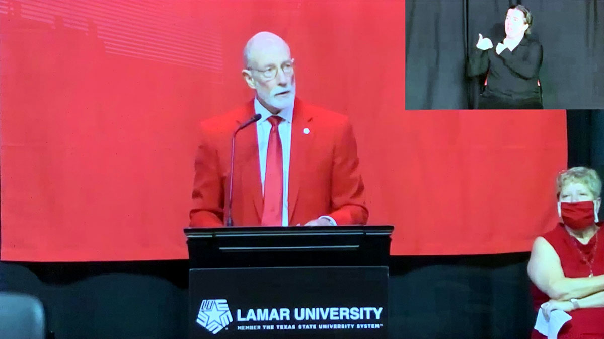 Sreenshot of Evans' convocation, viewed through the Lamar website livestream. UP staff screenshot