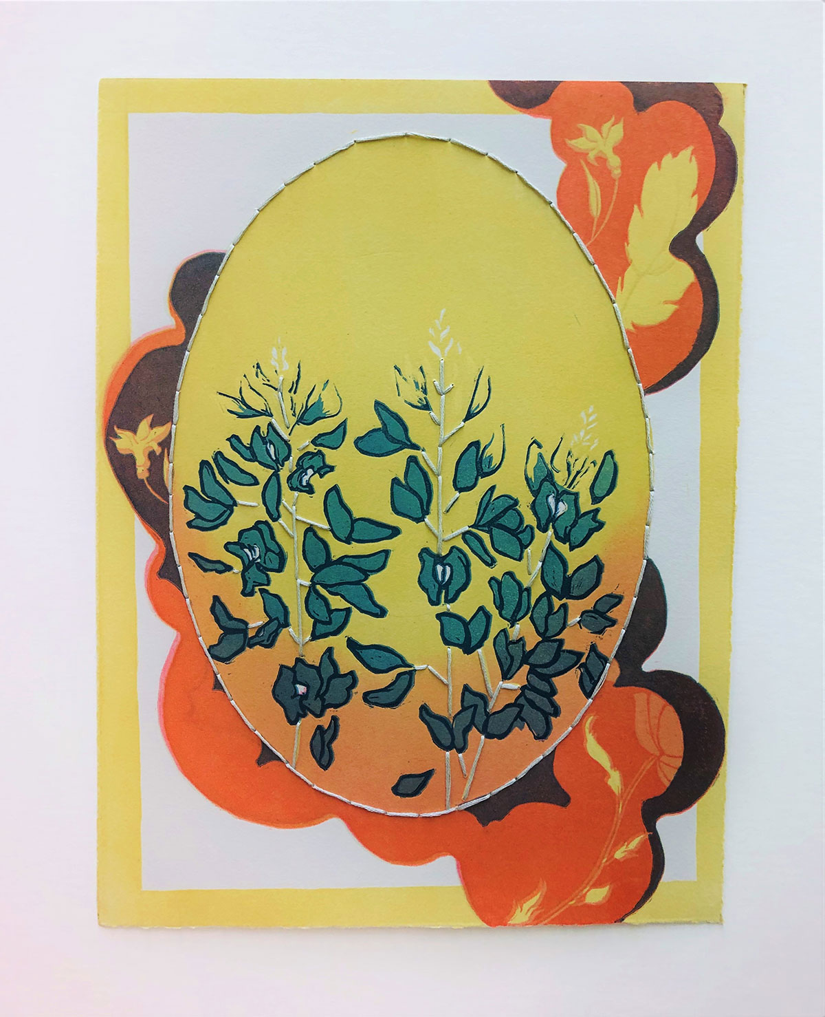 "Minding Memories," reduction linocut and thread, by Elizabeth P. Fontenot