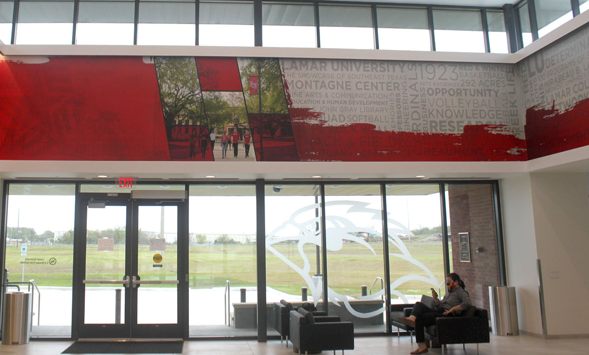 The lobby of Lamar University's new Welcome Center. UP photo by Tim Cohrs