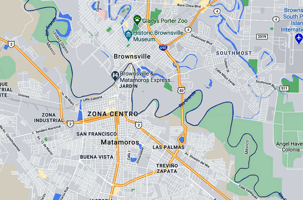 Matamoros, mexico is across the Rio Grande from Brownsville, Texas.