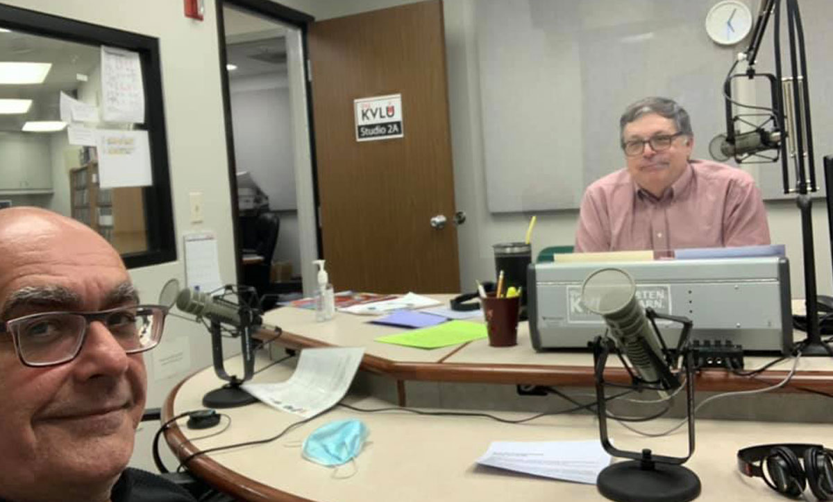 Andy Coughlan, left, and Byron Balentine in the KVLU studio,