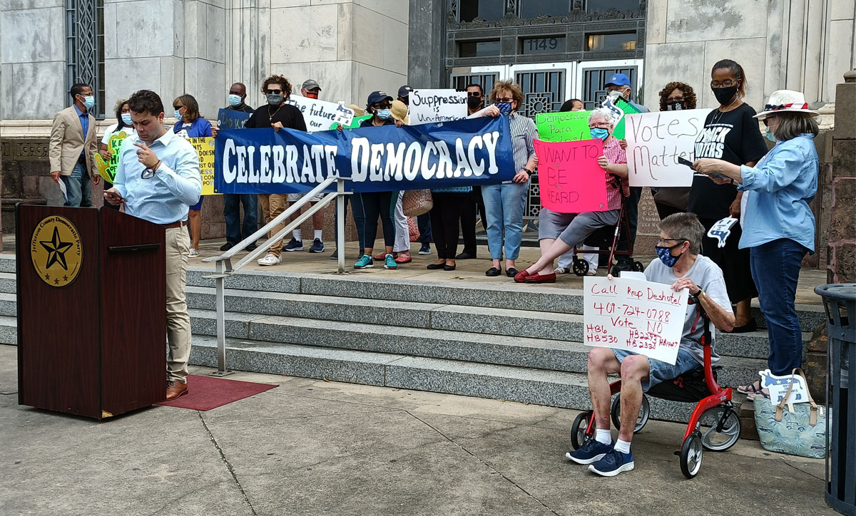 Joseph Trahan, JCD party chairman, gives a speech in front of Jefferson County Courthouse, April 28.