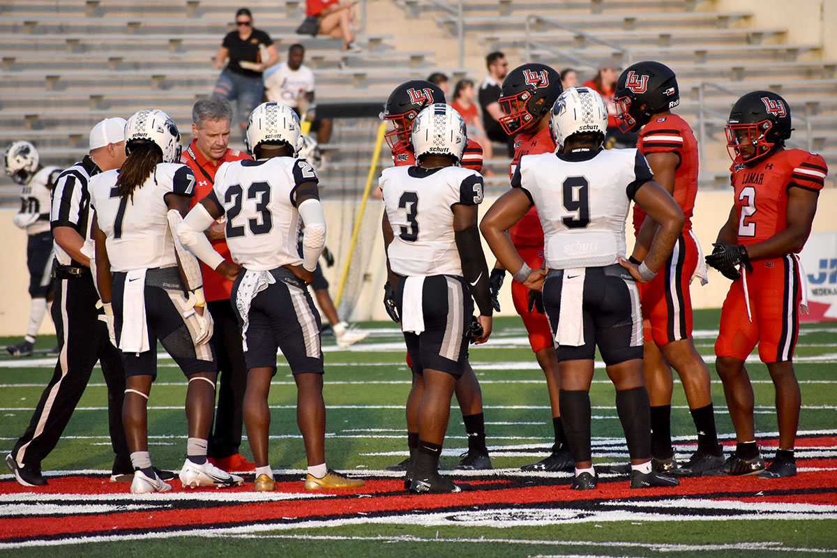 LU President Jaime Taylor performed the coin toss prior to LU's 47-3 win over NAU at Provost Umphrey Stadium, Sept. 2. UP photo by Keagan Smith