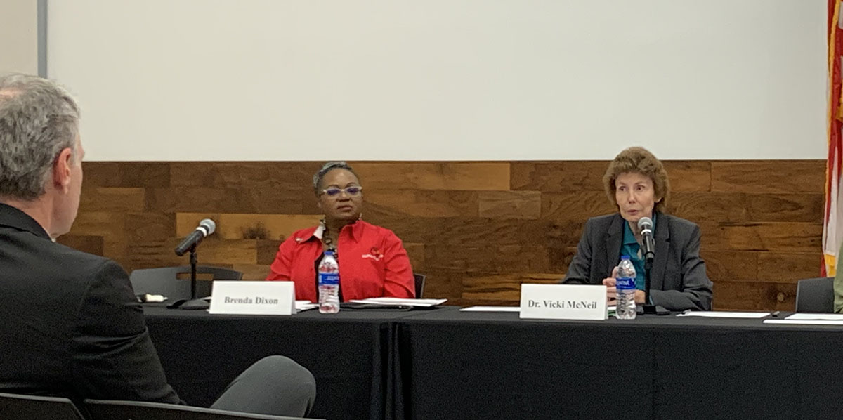 Vicki McNeil, vice president of student engagement, right, talks to attendees about university sexual misconduct policy and awareness at the SGA Joint Session, Oct. 13, in the Live Oak Ballroom of the Setzer Student Center. UP photo by Olivia Malick