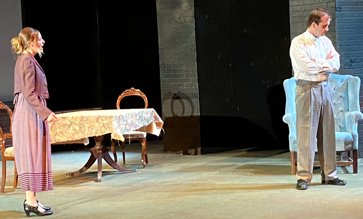 Ginger Mouton and Matt Fry rehearse a scene from "So You Can Look Ahead," which runs Nov. 4-7, in LU's Studio Theatre. UP photo by Maddie Sims