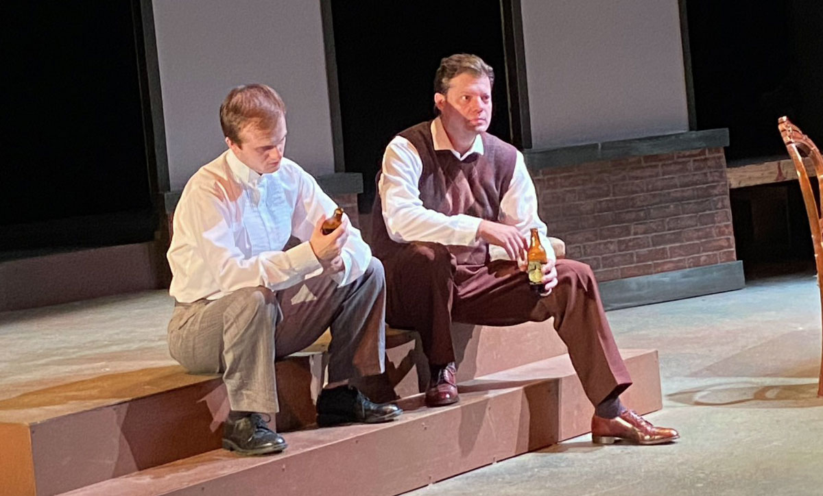 Stephen (Matt Hurt), left and Howard (Joel Grother) share a drink in "So You Can Look Ahead," which runs through Nov. 7, 2021, in the Studio Theatre. UP photo by Maddie Sims 