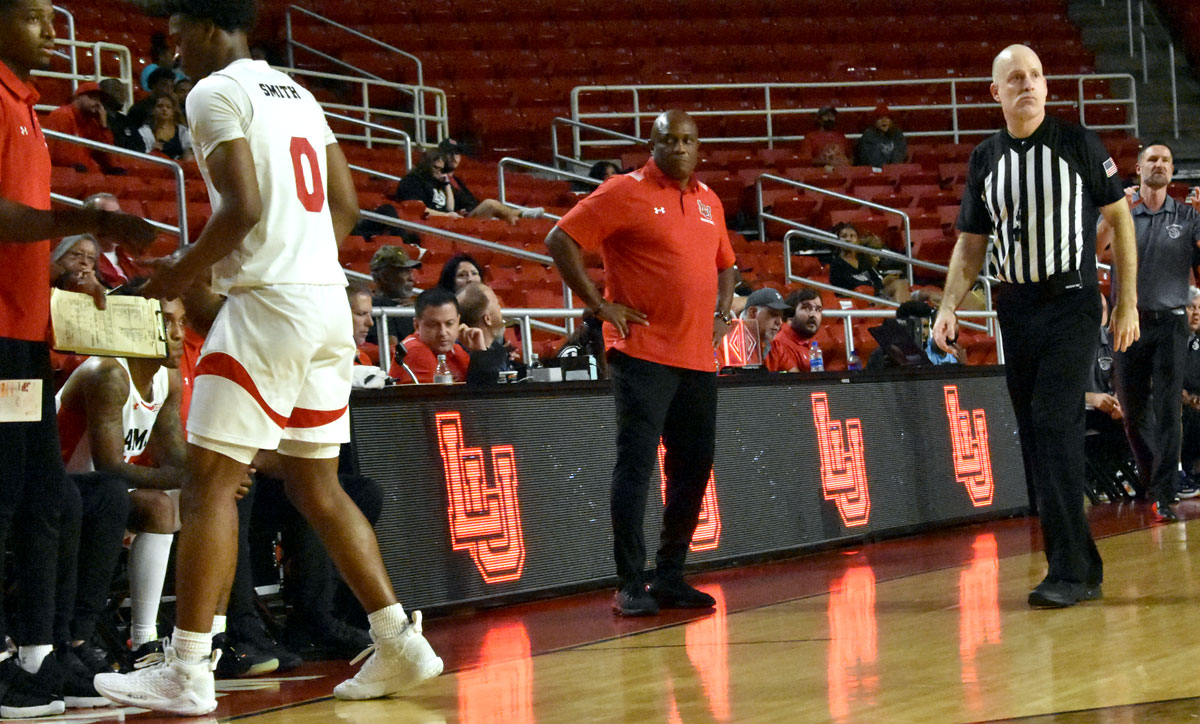 LU head coach Alvin Brooks looks on during a substitution during the Dec. 5 win over OLLU in the Montagne Center. UP photo by Keagan Smith