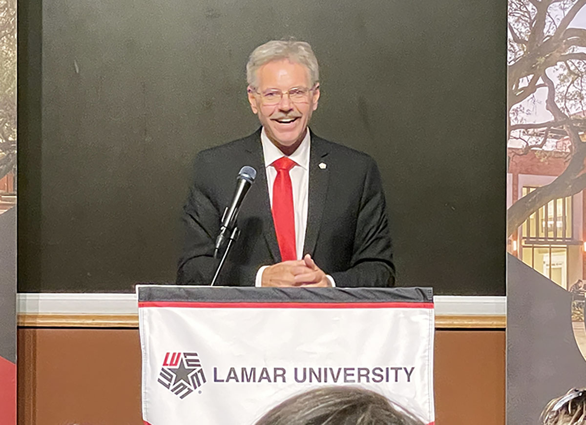 Lamar's new president, Jaime Taylor, speaks to faculty and staff at an introductory gathering, June17, in the Price Auditorium. UP photo by Olivia Malick