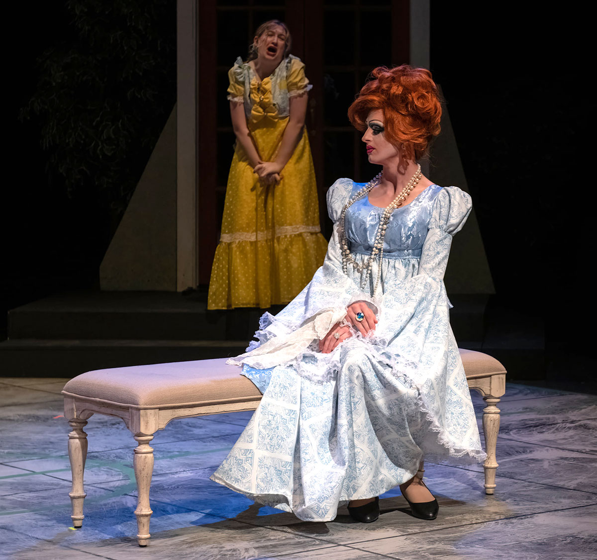 Emily Aguilar and Chaz Romero plaBryan Buzbee, foreground, plays Mrs. Bennet, and Emma Nelson plays Lydia in BCP's "Pride and Prejudice." Courtesy photo