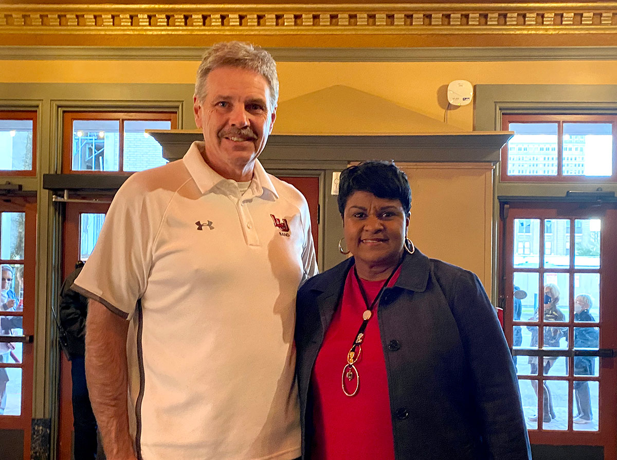 Lamar University President Jaime Taylor and Beaumont Mayor Robin Mouton pose prior to LUTV's "They Will Talk About Us: The Charlton-Pollard Story" at the Jefferson Theatre premiere, Feb. 18. UP photo by Maddie Sims