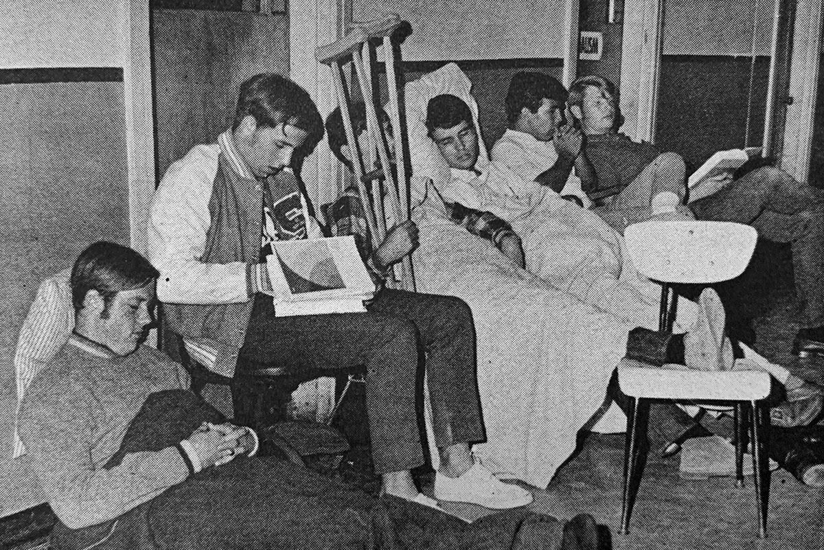 Camping Out - Anxious to file their floatbuilding themes first, three fraternities spent the night in front of the Student Activites office to make their applications at 8 a.m.. Represented were Sigma Phi Epsilon, Sigma Nu and Sigma Chi pledges.