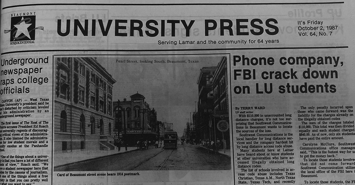 Excerpt from the front page from the University Press on Friday, October 2, 1987. Vol. 64, No. 7