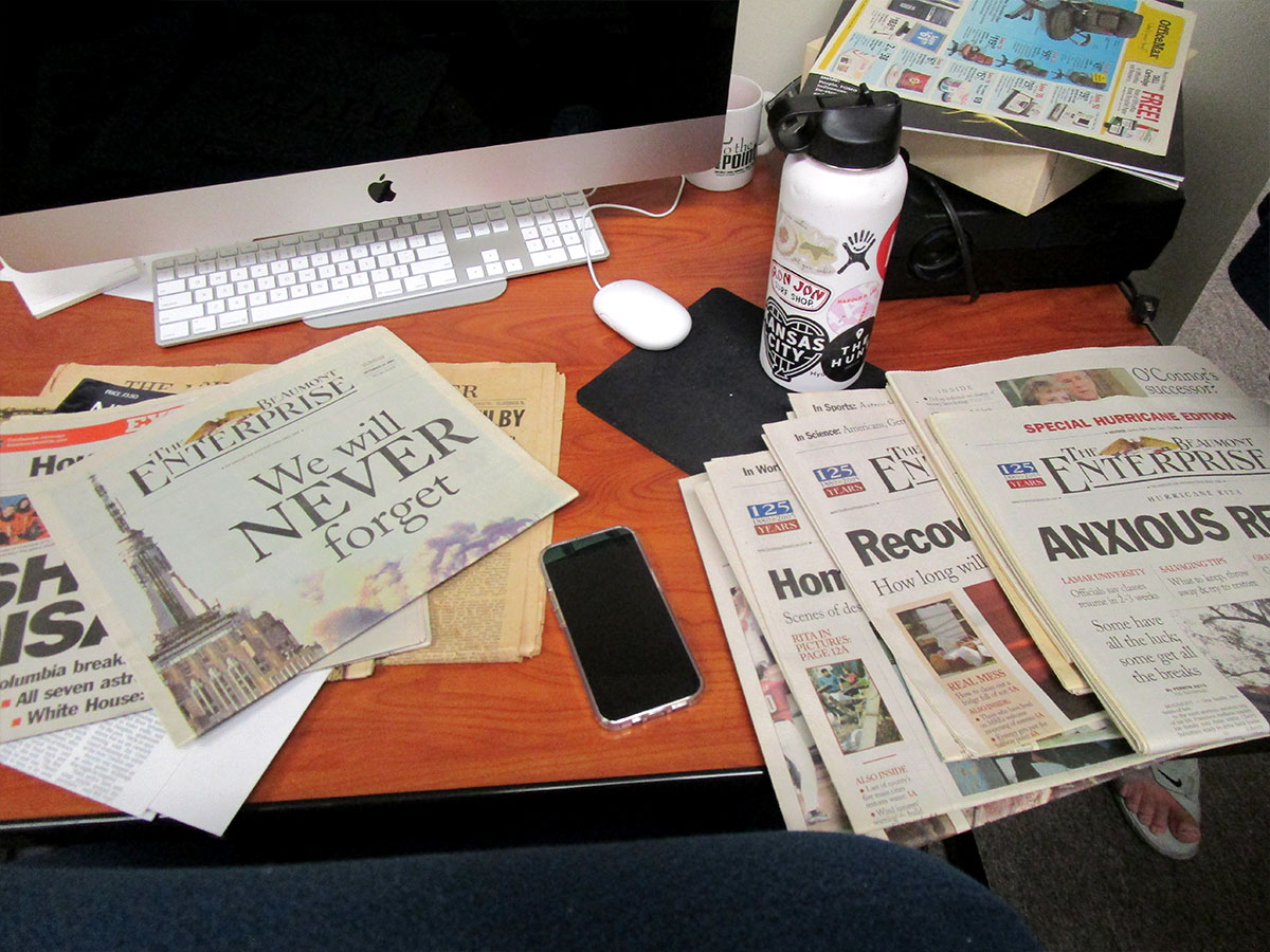 Local newspapers in the past that covered past hurricanes. UP photo by Maddie Sims.