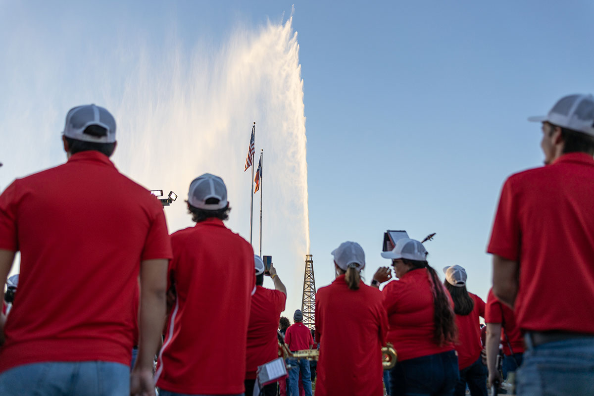 The Lucas Gusher replica was set off to celebrate Homecoming during the bonfire and pep rally at The Spindletop-Gladys City Boomtown Museum, Sept. 30. UP photo by Brian Quijada.